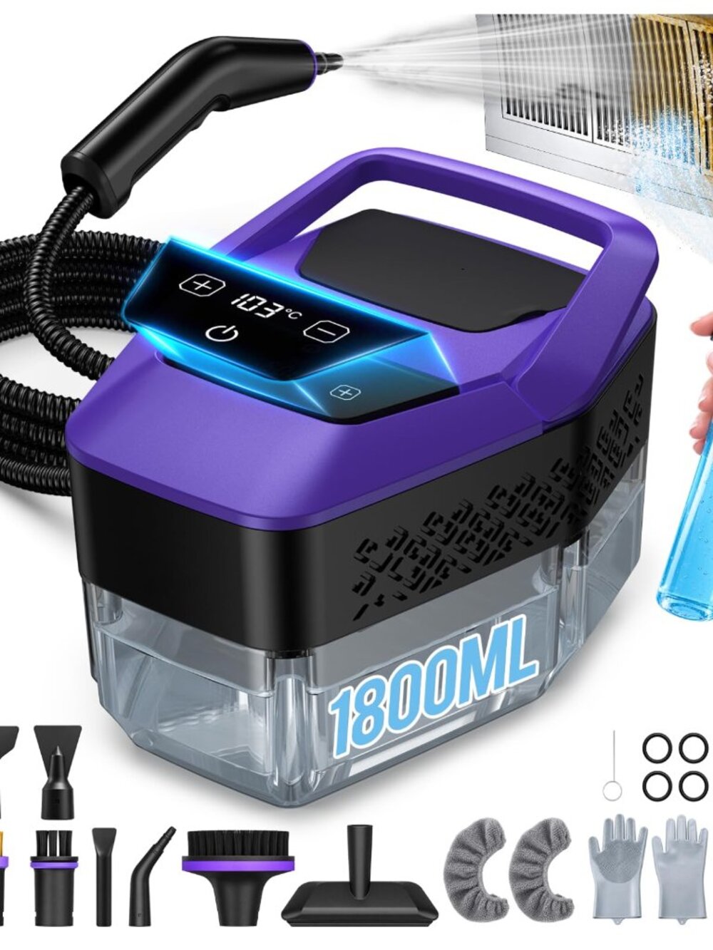 NEW Handheld Steam Cleaner 2500W High Temp Steamer with 19 Accessories, Purple